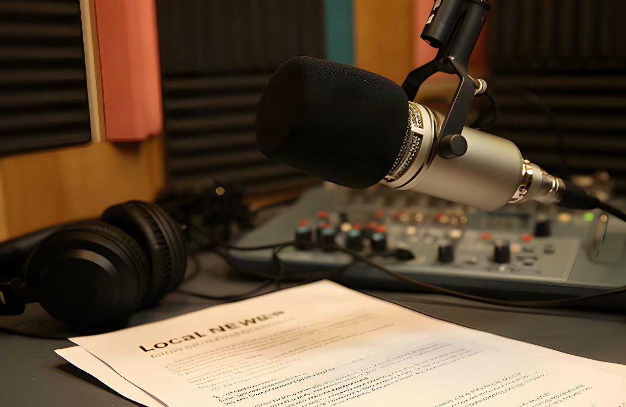 Micrófono de radio en un estudio de la Axarquía con guion de noticias locales sobre la mesa